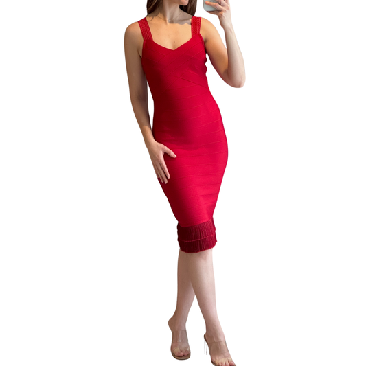 VESTIDO MIDI ROJO CON FLECOS