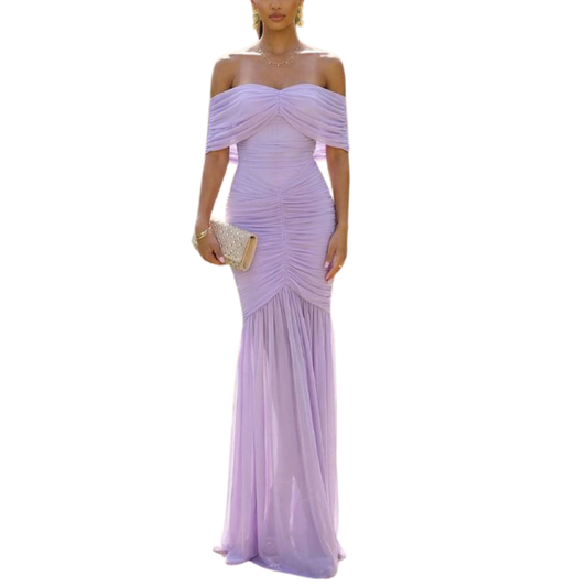 VESTIDO LARGO MESH CORRUGADO HOMBROS CAIDOS LILA