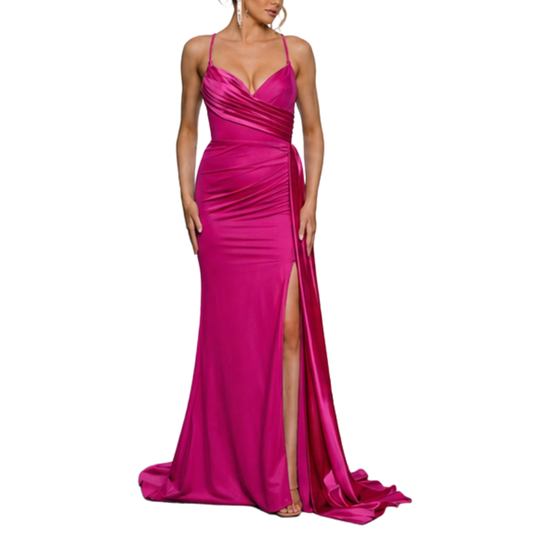 VESTIDO LARGO SATÍN CORRUGADO CON COSTADO FUCSIA