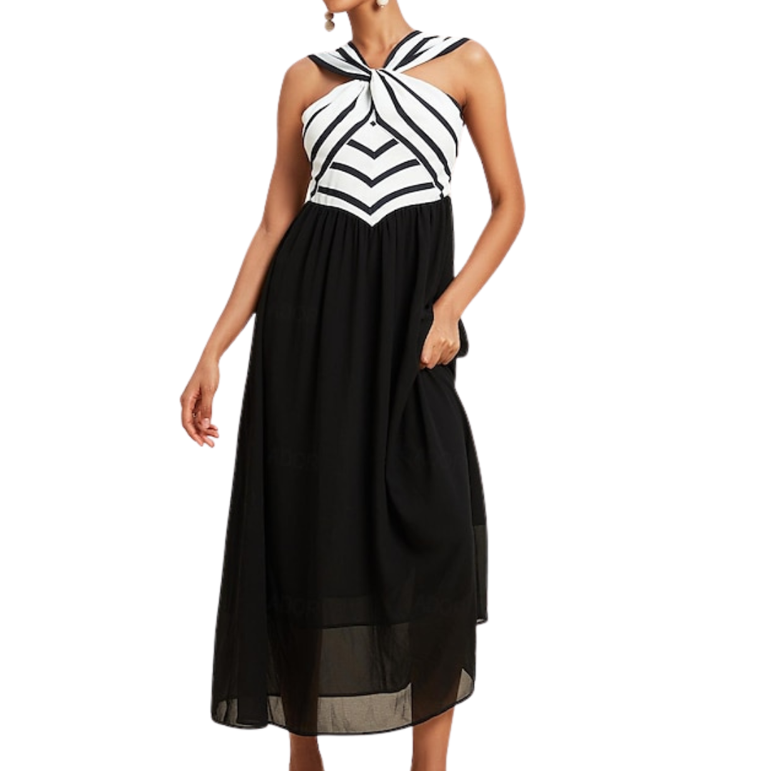 VESTIDO MIDI BEIGE Y NEGRO HALTER CRUZADO