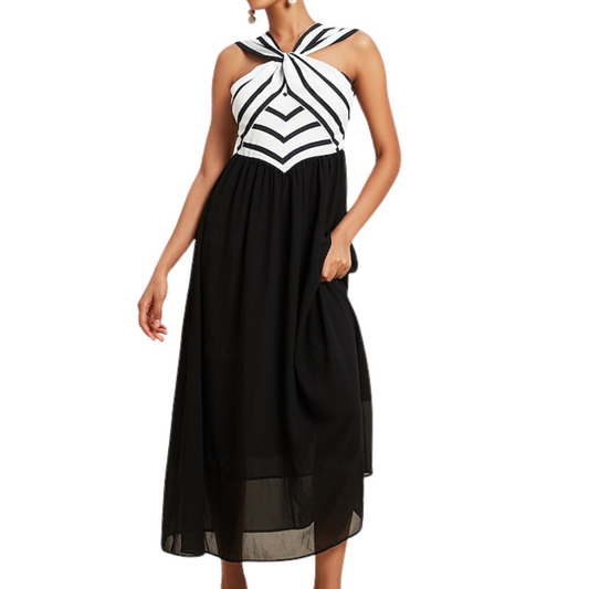VESTIDO MIDI BEIGE Y NEGRO HALTER CRUZADO