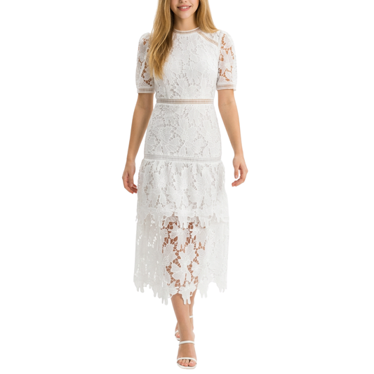 VESTIDO MIDI CON OLANES BLANCOS