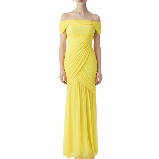 VESTIDO LARGO MESH CORRUGADO CON HOMBROS CAIDOS AMARILLO
