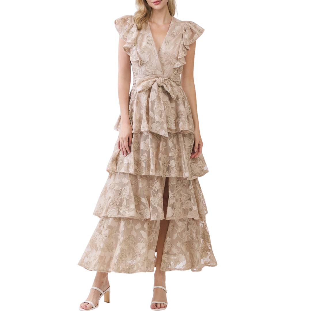 VESTIDO MIDI BEIGE DORADO CON OLANES