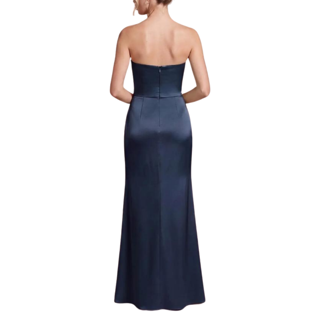 VESTIDO LARGO SATIN AZUL MARINO STRAPLESS