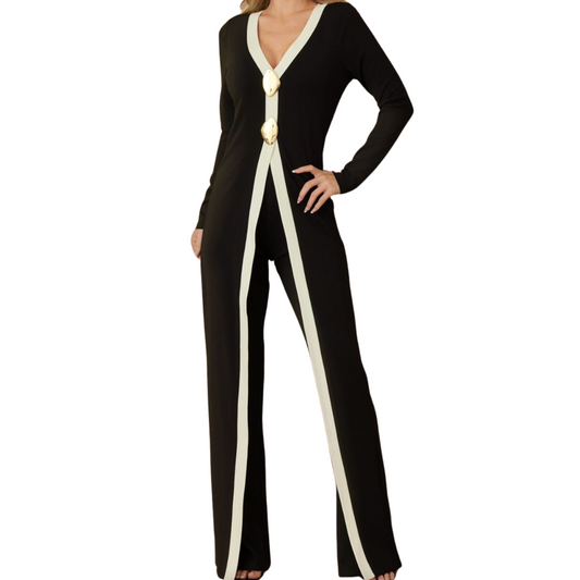 JUMPSUIT MNAGA LARGA  BLACK N WHITE CON BOTONES DORADOS