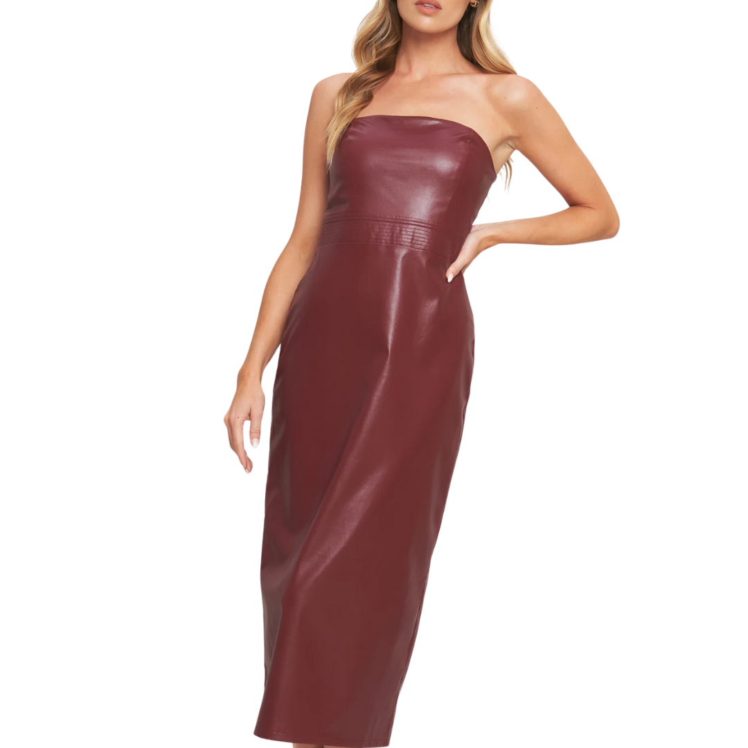 VESTIDO MIDI VINO DE VINIPIEL STRAPLESS