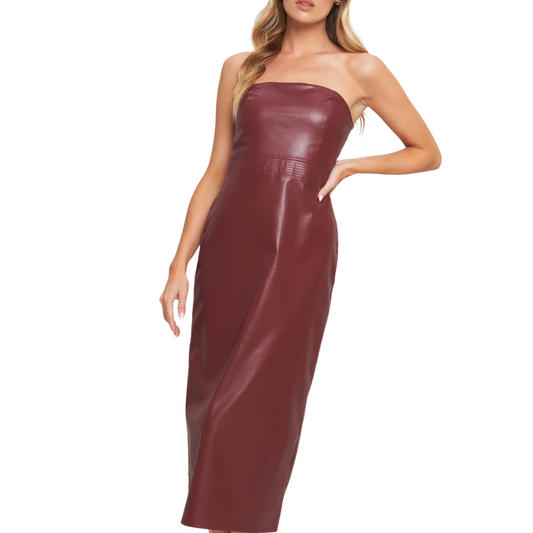 VESTIDO MIDI VINO DE VINIPIEL STRAPLESS