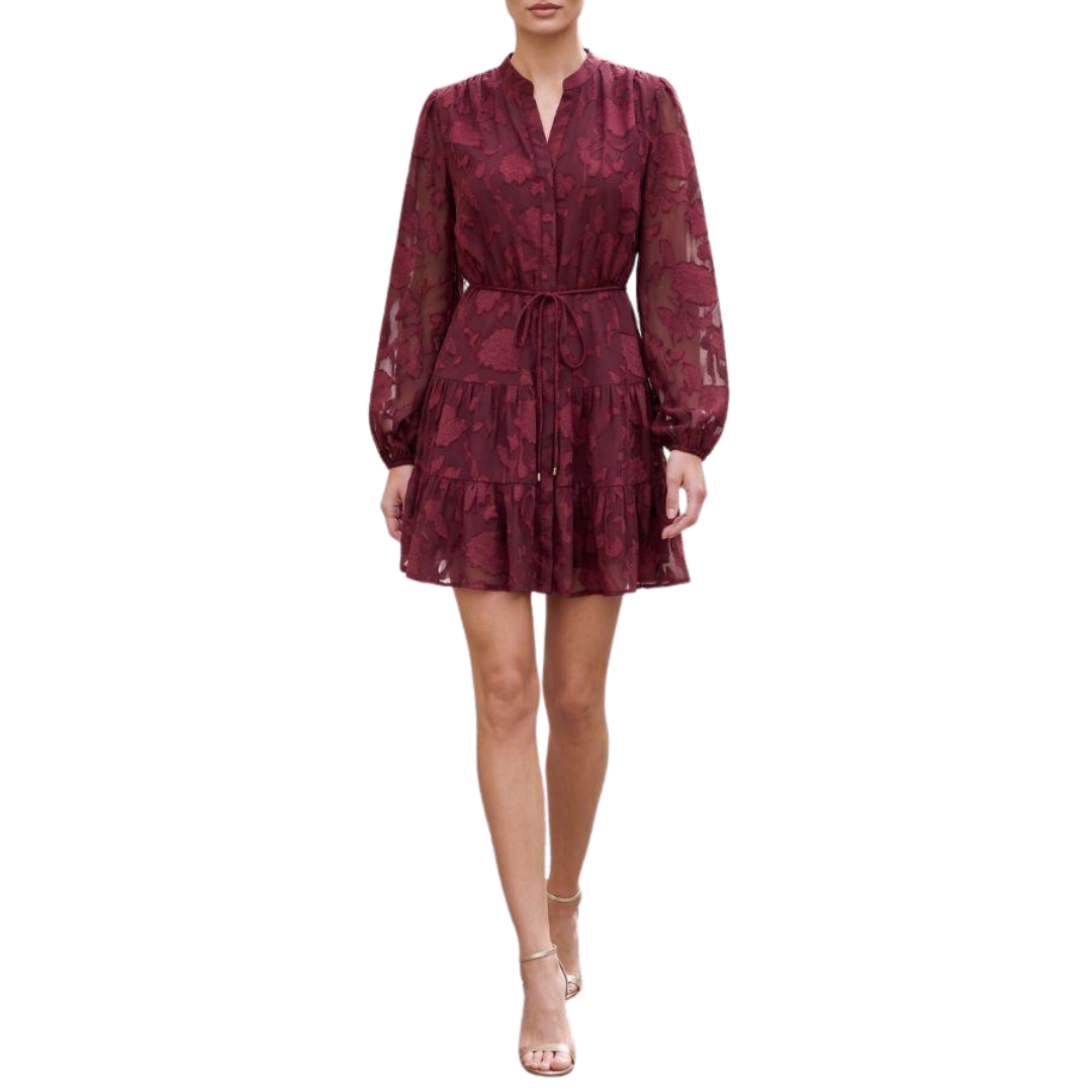 VESTIDO CORTO BURGUNDY MANGA LARGA FLOREADO