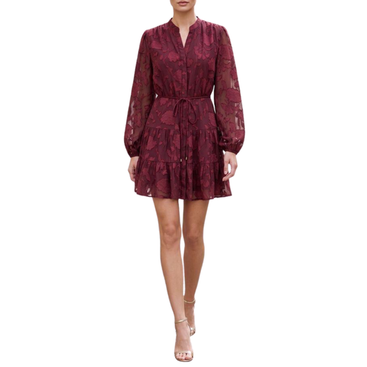 VESTIDO CORTO BURGUNDY MANGA LARGA FLOREADO
