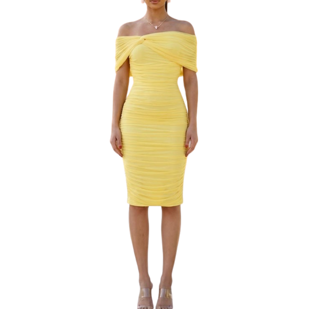 VESTIDO AMARILLO MESH HOMBROS CAIDOS