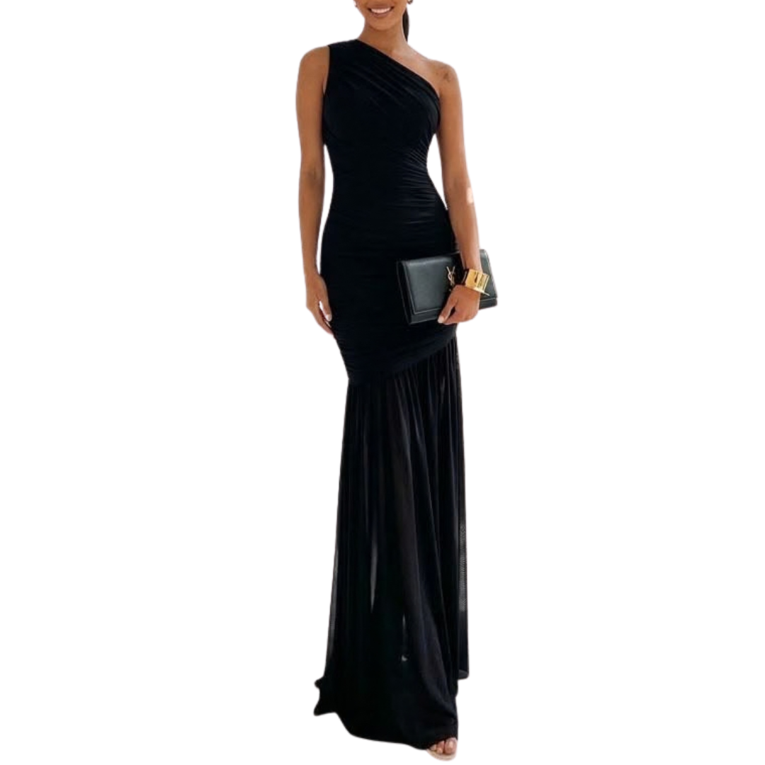 VESTIDO LARGO UN HOMBRO MESH CORRUGADO NEGRO