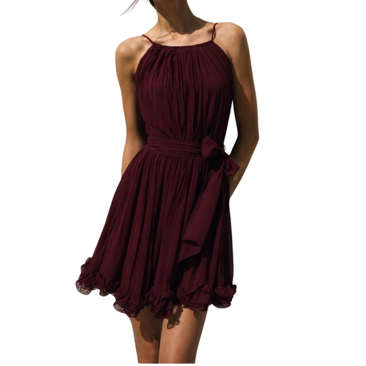 VESTIDO CORTO CON TABLONES BURGUNDY