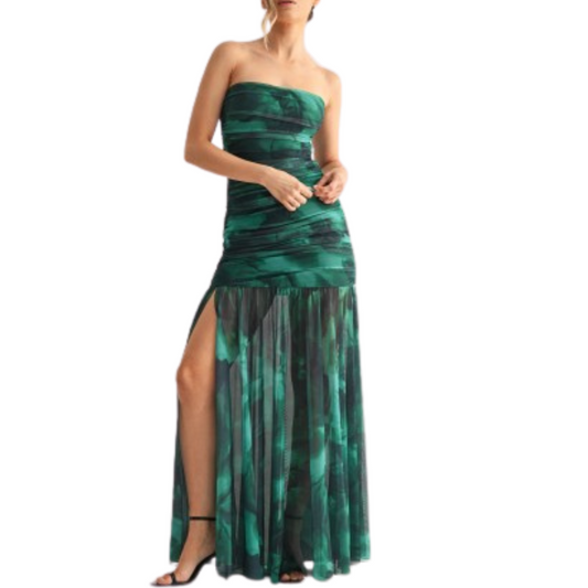 VESTIDO LARGO ESTAMPADO FLORES VERDE CON NEGRO