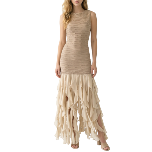VESTIDO LARGO BEIGE CON OLANES