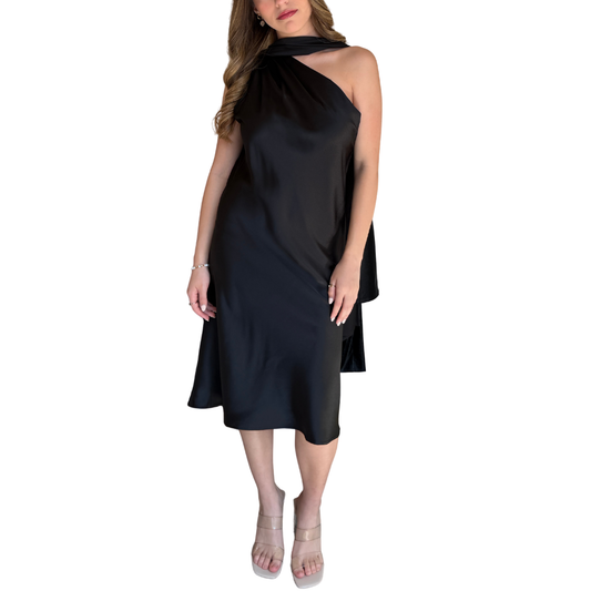 VESTIDO MIDI SATIN NEGRO CON CORBATIN