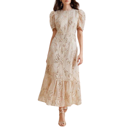 VESTIDO MIDI BLANCO CON BRILLOS DORADOS