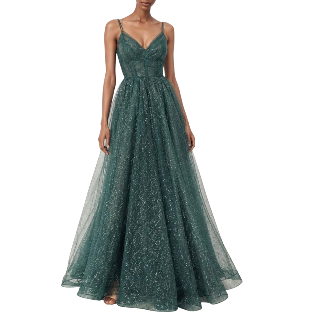 VESTIDO LARGO CON BRILLOS VERDE