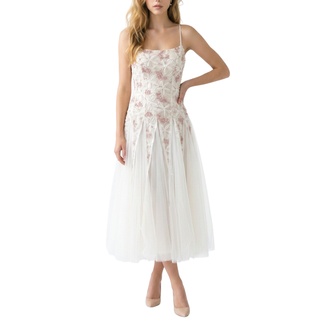 VESTIDO MIDI BEIGE DE TUL CON FLORES ROSAS