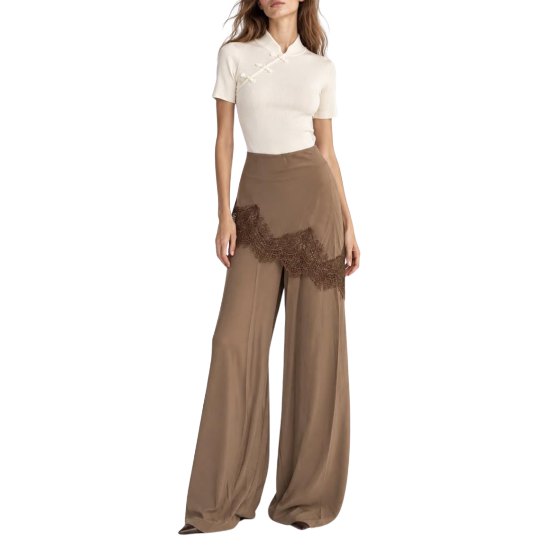 PANTALÓN CON PAREO CAFE Y ENCAJE