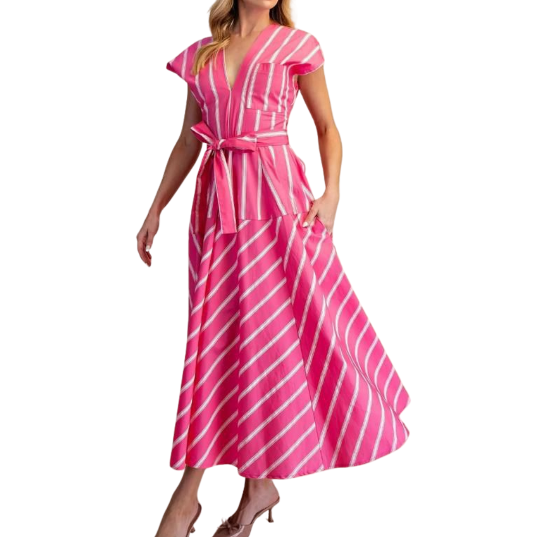 VESTIDO MIDI RAYAS BLANCO CON ROSA