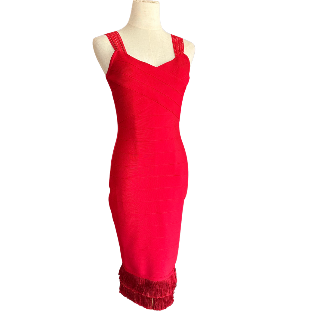 VESTIDO MIDI ROJO CON FLECOS