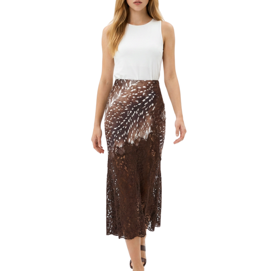 FALDA SATIN ESTAMPADO TONOS CAFES CON ENCAJE
