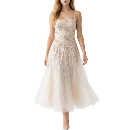 VESTIDO MIDI BEIGE DE TUL CON FLORES ROSAS