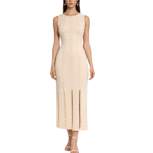 VESTIDO LARGO BEIGE CON ESTOPEROLES DORADOS
