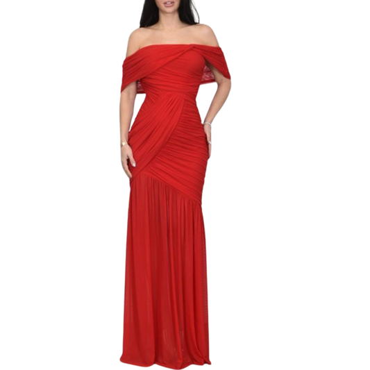 VESTIDO LARGO MESH CORRUGADO HOMBROS CAIDOS ROJO