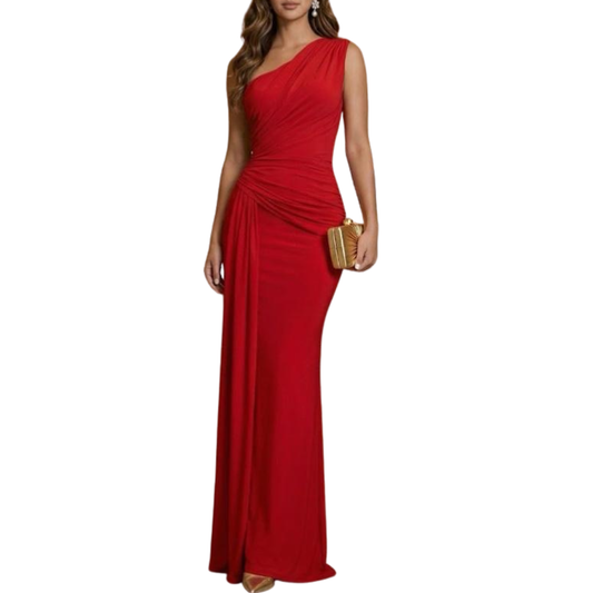 VESTIDO LARGO ROJO UN HOMBRO CORRUGADO