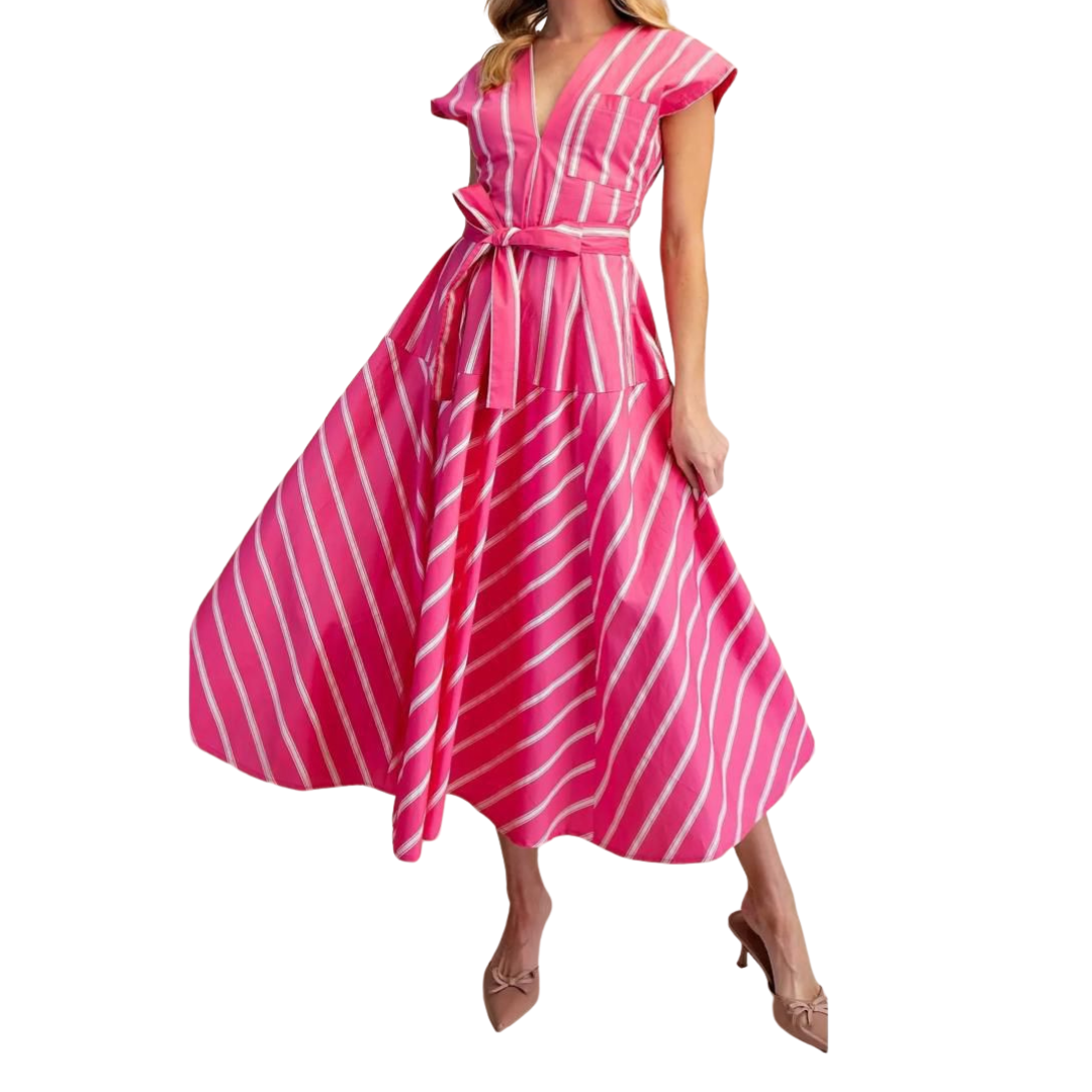 VESTIDO MIDI RAYAS BLANCO CON ROSA