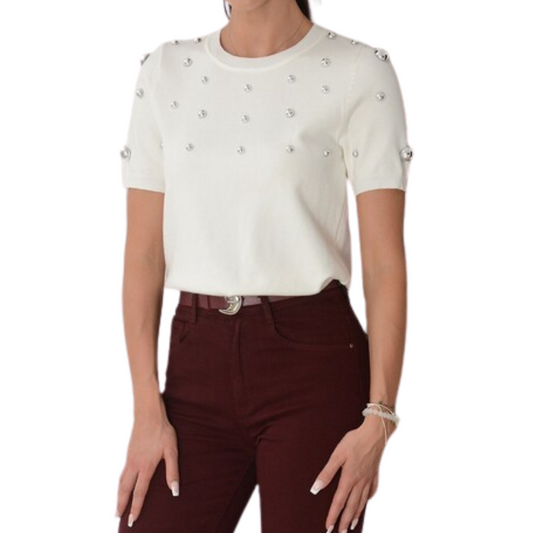 BLUSA BLANCA CON PERLAS PLATEADAS