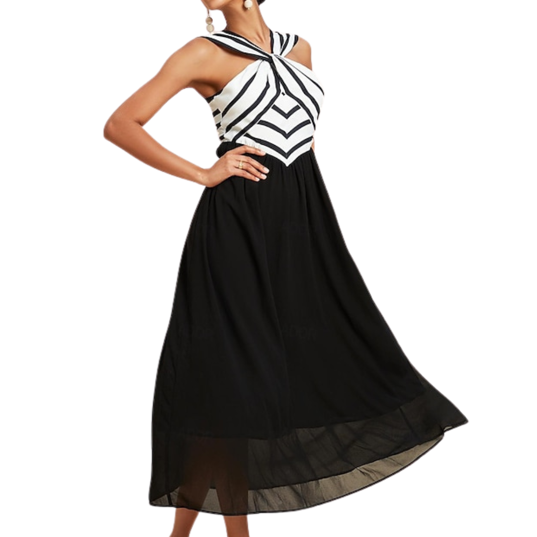 VESTIDO MIDI BEIGE Y NEGRO HALTER CRUZADO