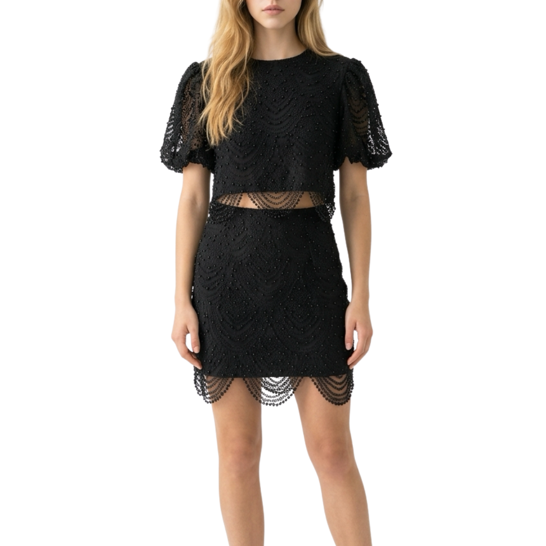 SET BLUSA Y FALDA NEGRO CON PERLITAS