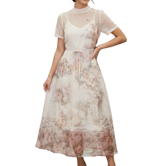 VESTIDO MIDI CON MANGA BEIGE CON FLORES