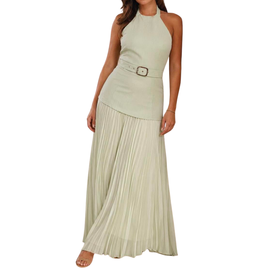 VESTIDO LARGO CON TABLONES VERDE MENTA