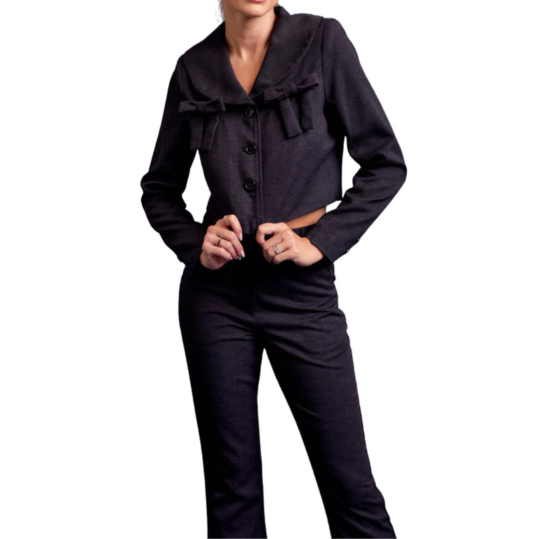 SET GRIS PANTALÓN Y BLAZER CON MOÑOS
