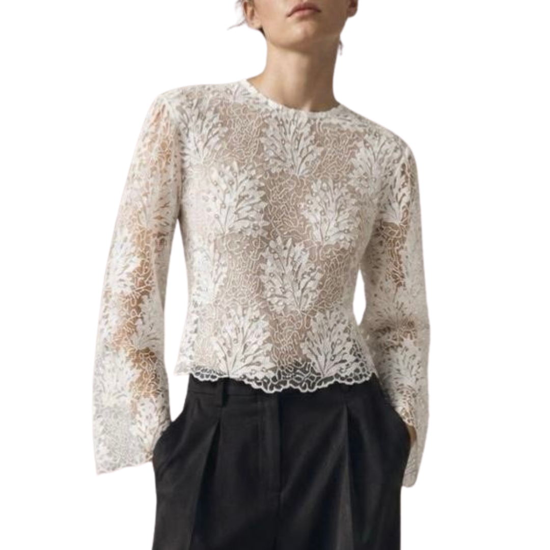 BLUSA MANGA LARGA BLANCA ENCAJE CON PERLITAS