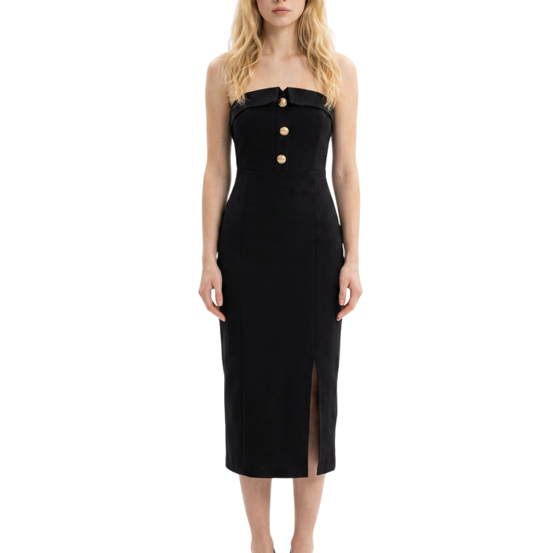VESTIDO MIDI STRAPPLE COLOR NEGRO CON BOTONES DORADOS