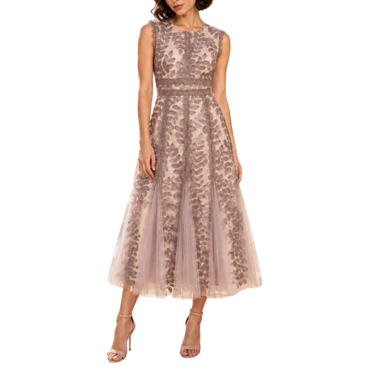 VESTIDO MIDI ENCAJE CON TULL OCRE