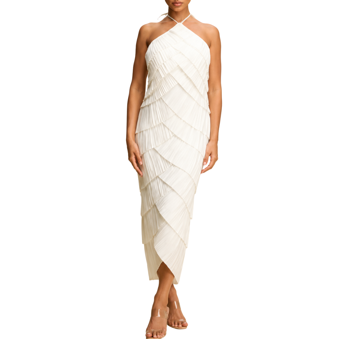 VESTIDO MIDI BLANCO CON TABLONES