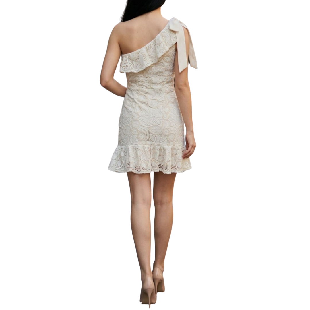 VESTIDO CORTO UN HOMBRO BEIGE ENCAJE