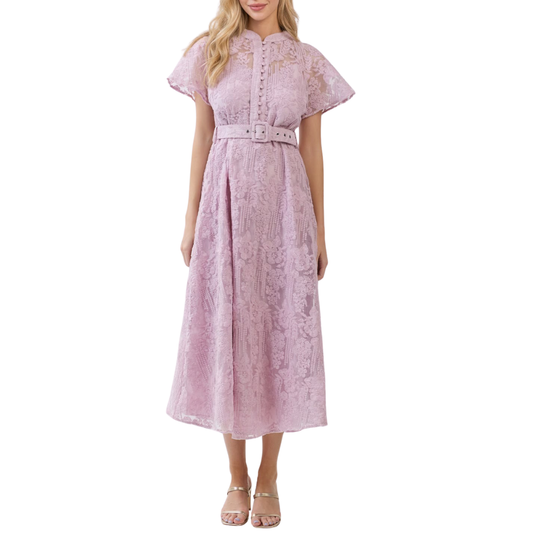 VESTIDO MIDI LILA CON MANGA DE ENCAJE