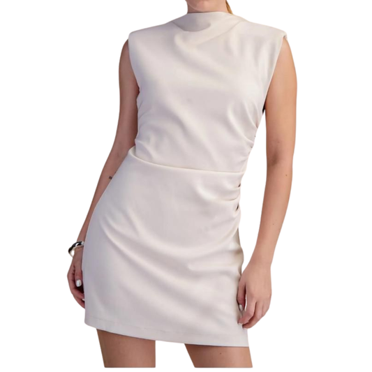 VESTIDO CORTO BEIGE CORRUGADO EN CINTURA