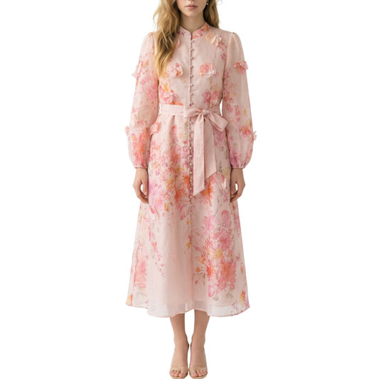 VESTIDO MIDI CON MANGA LARGA ROSA CON FLORES