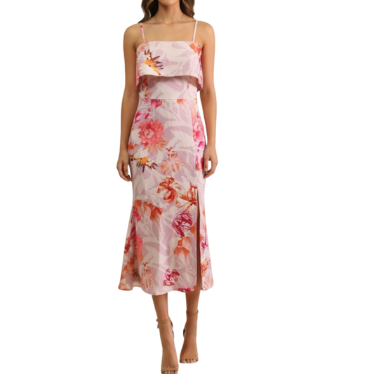 VESTIDO MIDI FLOREADO ROSA PALO TONOS FIUSHA