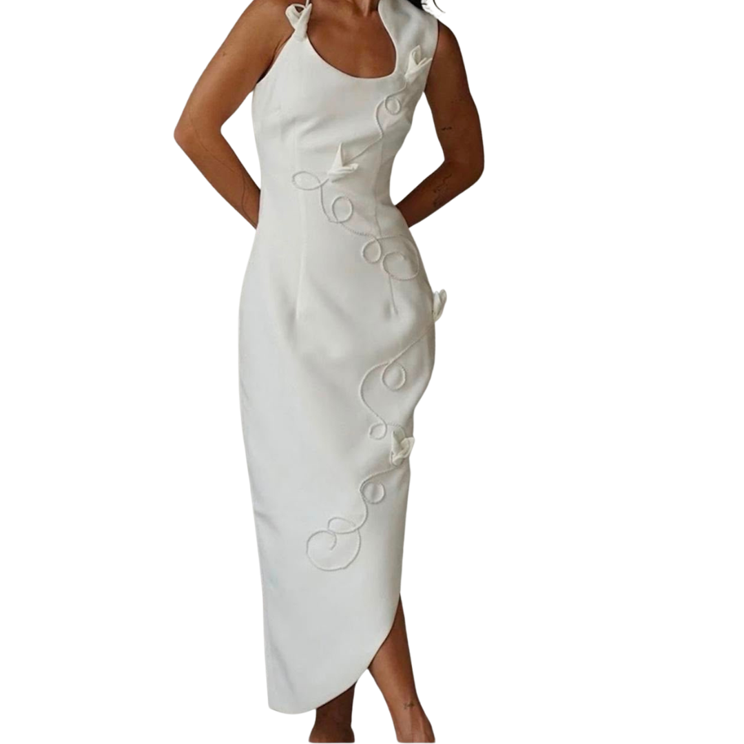 VESTIDO MIDI BLANCO CON FLORES ASIMETRICO