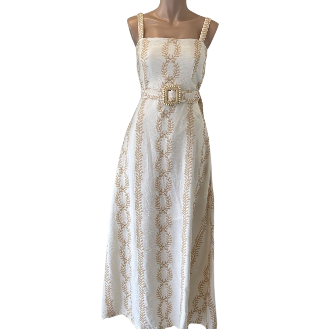 VESTIDO MIDI BEIGE CON BORDADO