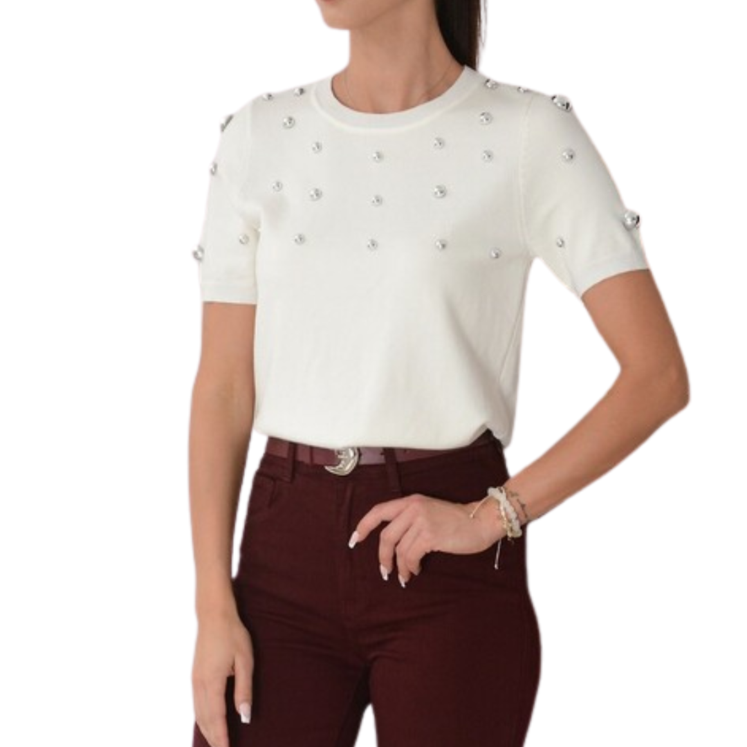 BLUSA BLANCA CON PERLAS PLATEADAS